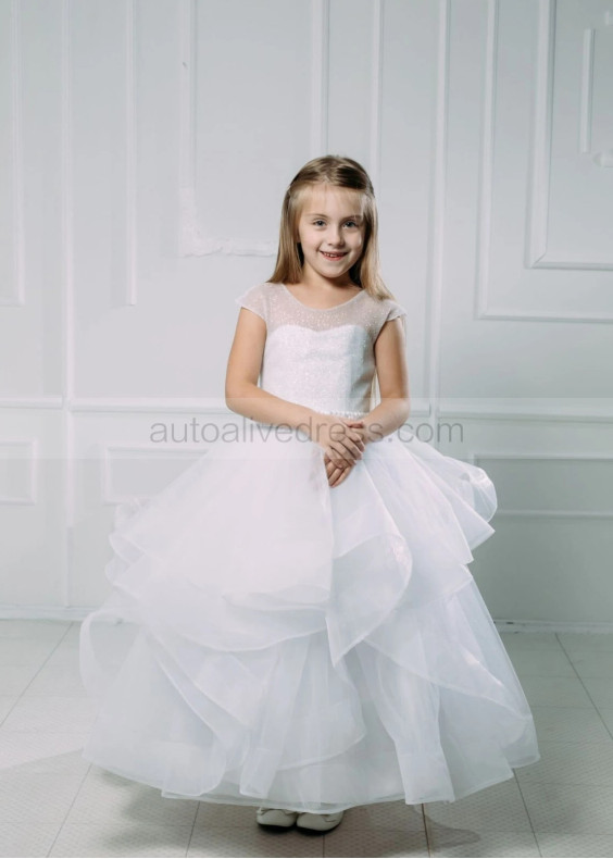 Cap Sleeves White Glitter Tulle Flower Girl Dress Cap Sleeves White Glitter Tulle Flower Girl Dress